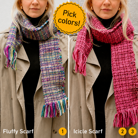 2 Kits Bundle | Fluffy & Icicle 2 Scarves Weaving Kit - Supplies and 1x Medium loom with Patterns - Yummy Yarn