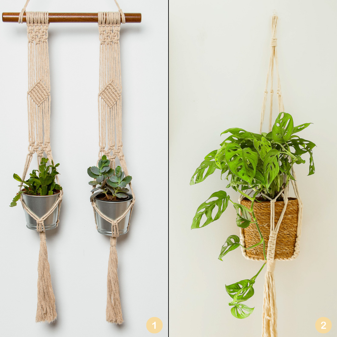 Duo de suspensions de plantes en macramé avec motifs