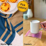 2 Kits Bundle | Mocha towels (x2) + Coasters (x12) Weaving Kits - Supplies and 1xMedium loom with Pattern