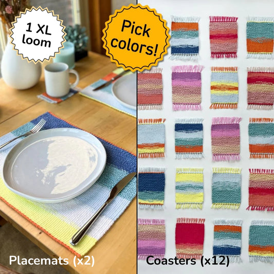 Bundle Coasters (x12) & Placemats (x2) Weaving Kit - Supplies and 1x XLarge loom with Patterns - x Painted Sky Textiles