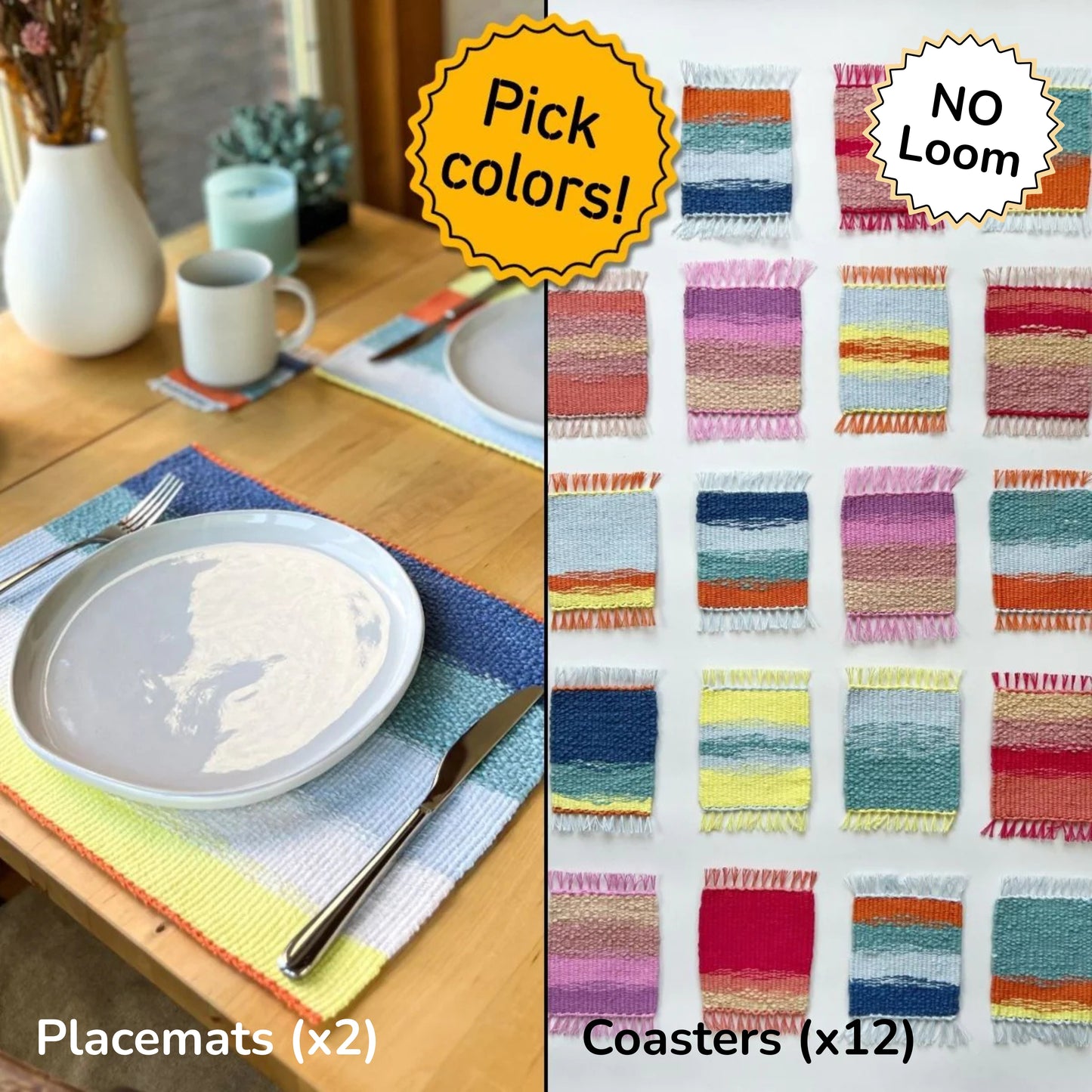 Bundle Coasters (x12) & Placemats (x2) Weaving Kit - Supplies only with Pattern (no loom) - x Painted Sky Textiles