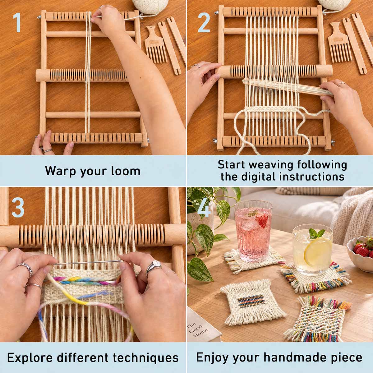 Stitch Sampler Coasters Weaving Kit - Supplies and Small loom with Pattern