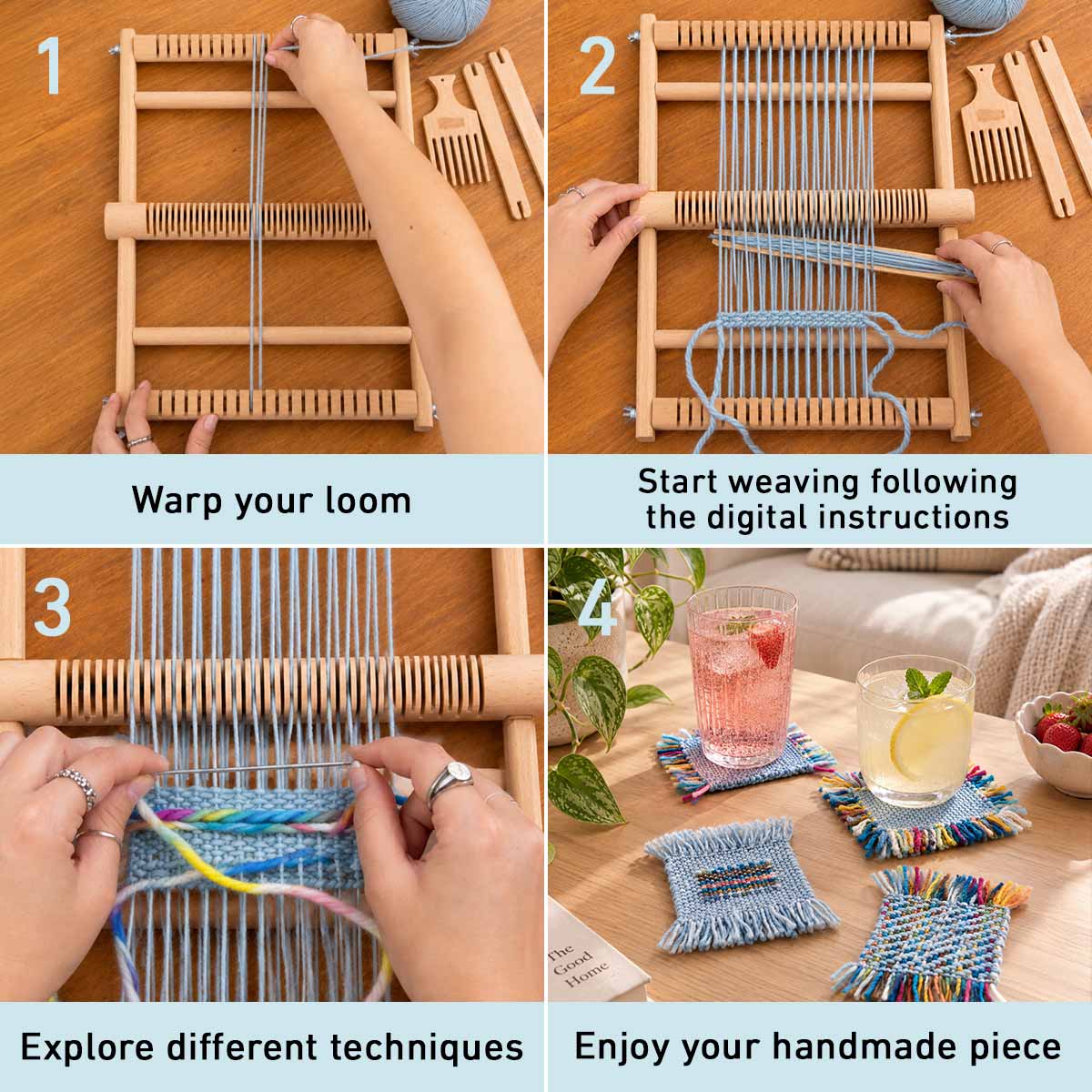 Stitch Sampler Coasters Weaving Kit - Supplies and Small loom with Pattern